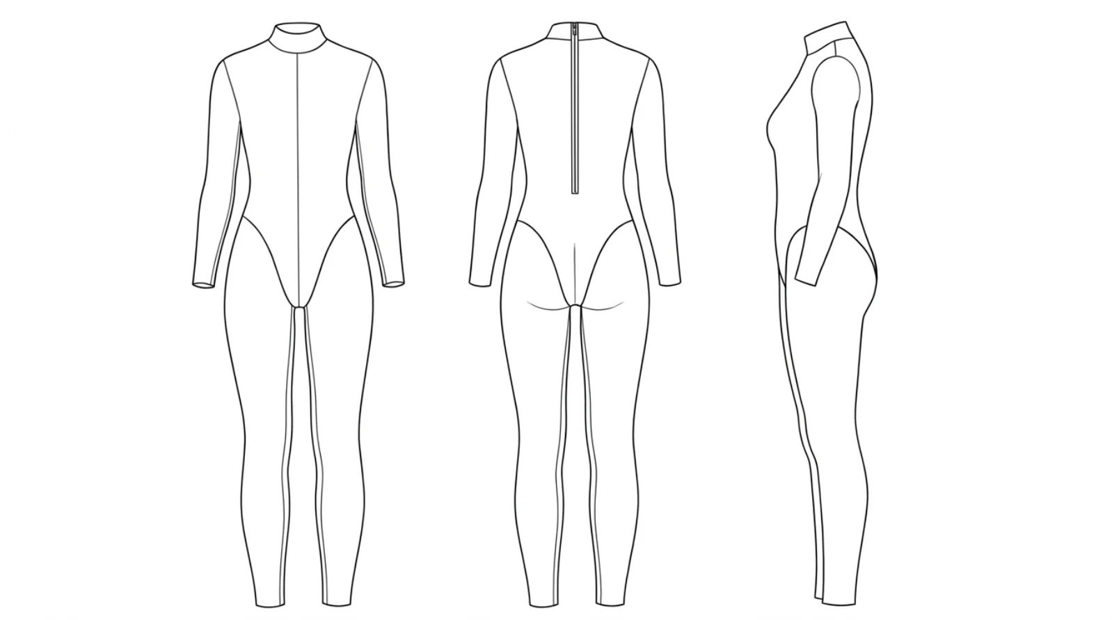 Front, back and side technical views of a long-sleeve latex catsuit