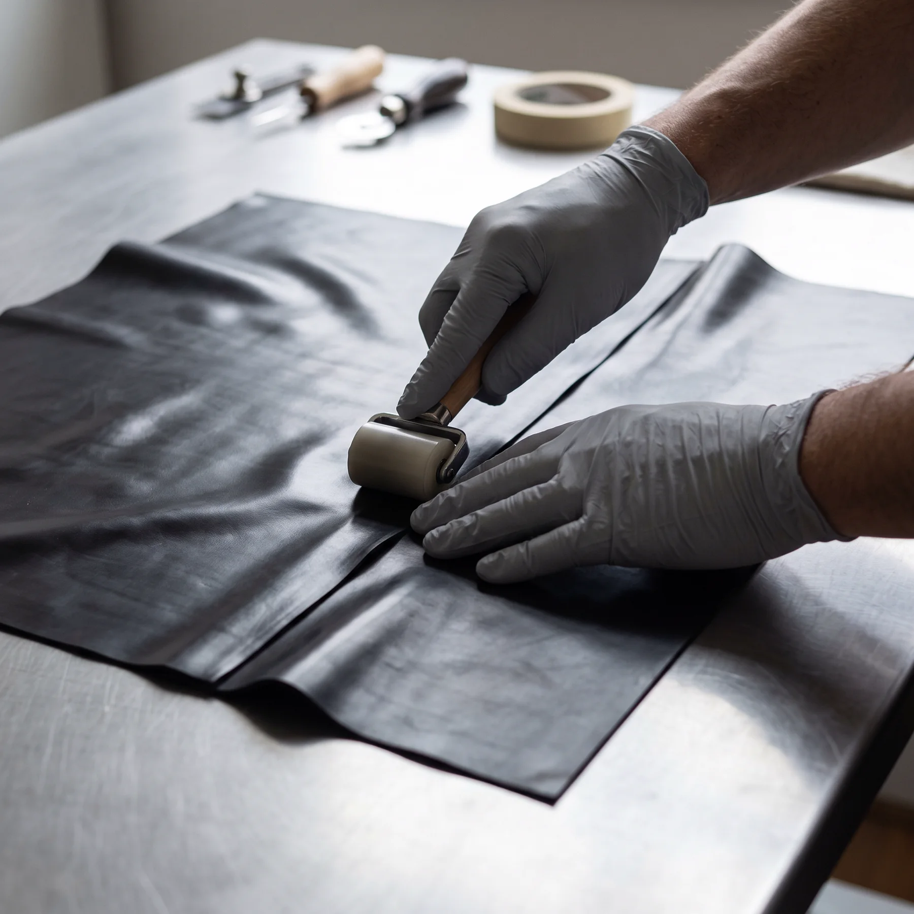 Latex panels being bonded with a hand roller on a worktable