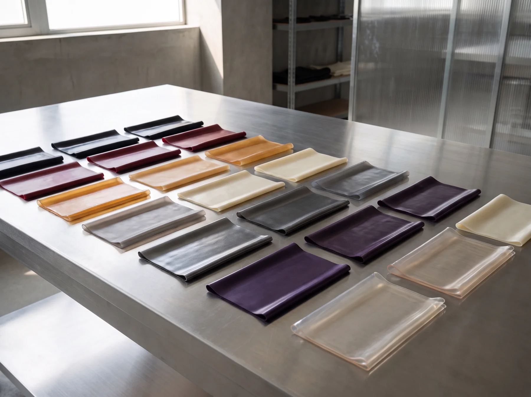Folded latex sheet samples arranged by color and surface
